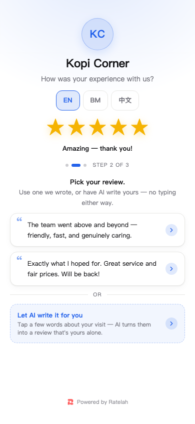 Ratelah Classic review page showing language choices, a rating and writing options for fictional Kopi Corner